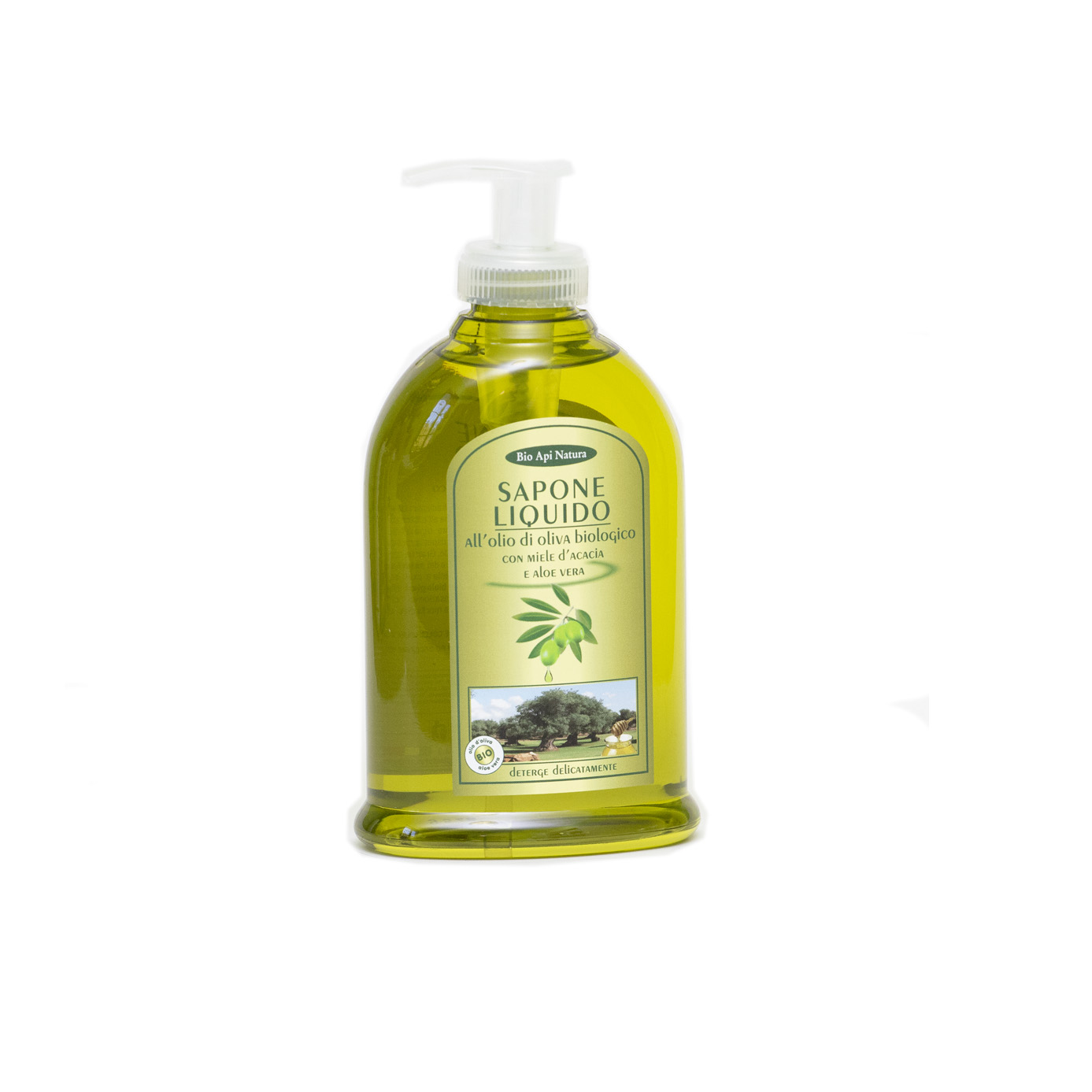 Sapone liquido · mani · viso · corpo all’olio di oliva biologico con miele d’acacia e aloe vera
